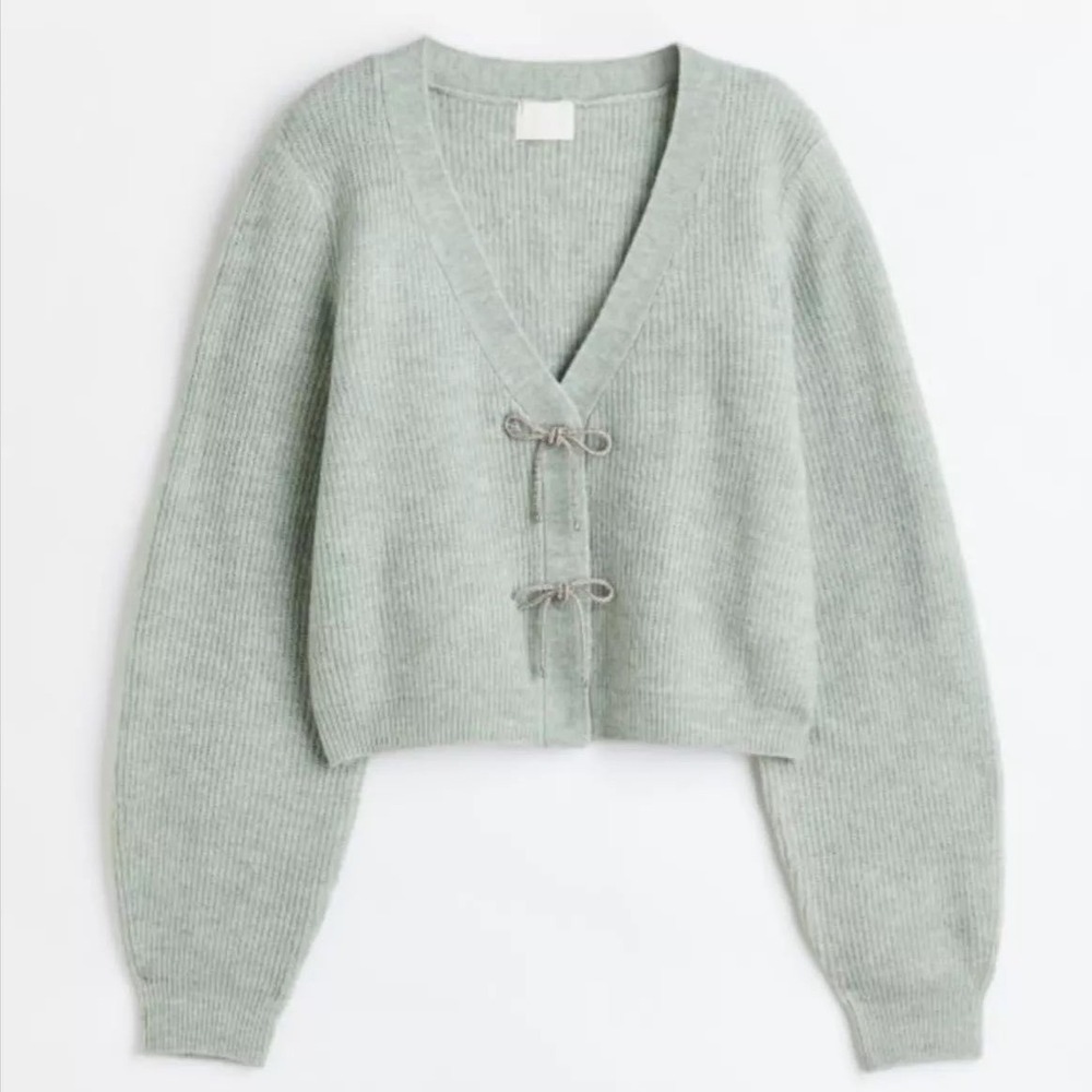 H&M Womens‎ Sage Icy Green Rhinestone Bow Cropped Coquette Cardigan Sweater XS